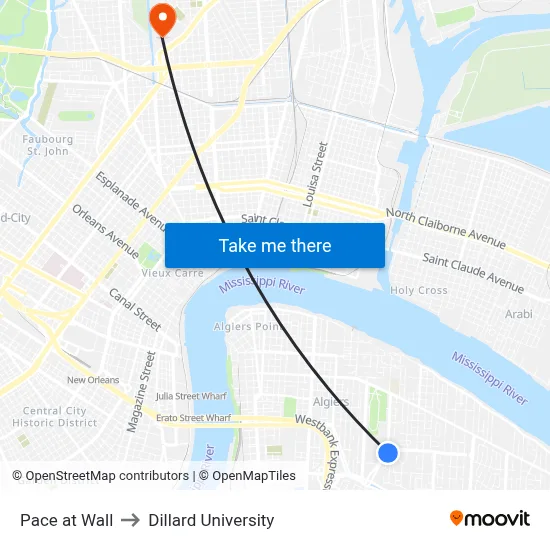Pace at Wall to Dillard University map