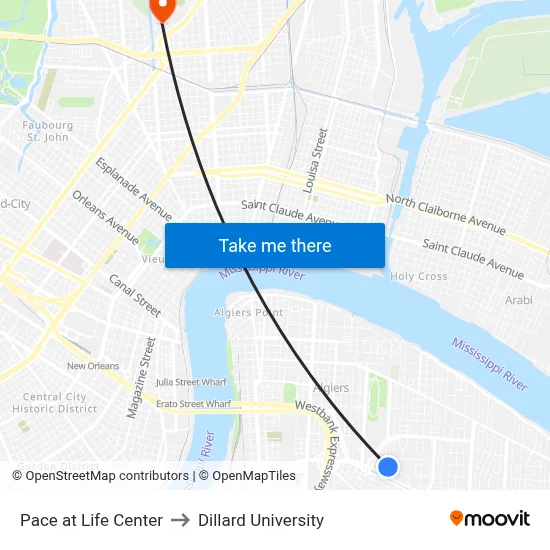 Pace at Life Center to Dillard University map