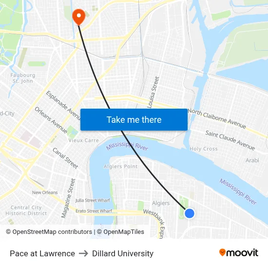 Pace at Lawrence to Dillard University map