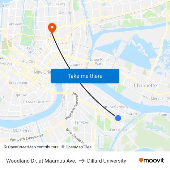 Woodland Dr. at Maumus Ave. to Dillard University map