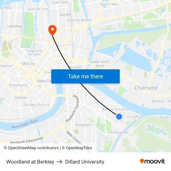 Woodland at Berkley to Dillard University map