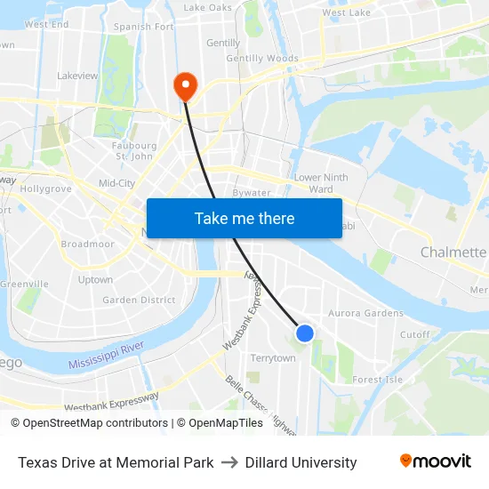 Texas Drive at Memorial Park to Dillard University map