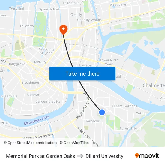 Memorial Park at Garden Oaks to Dillard University map