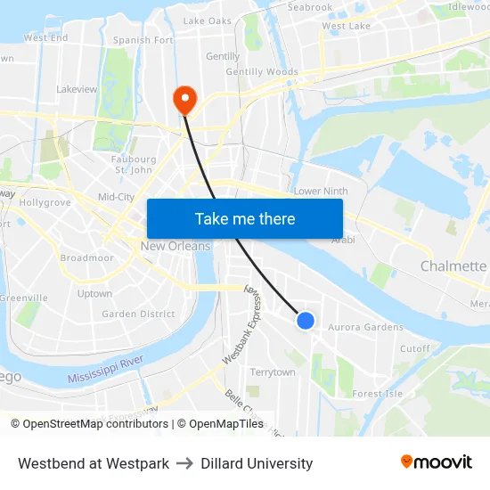 Westbend at Westpark to Dillard University map