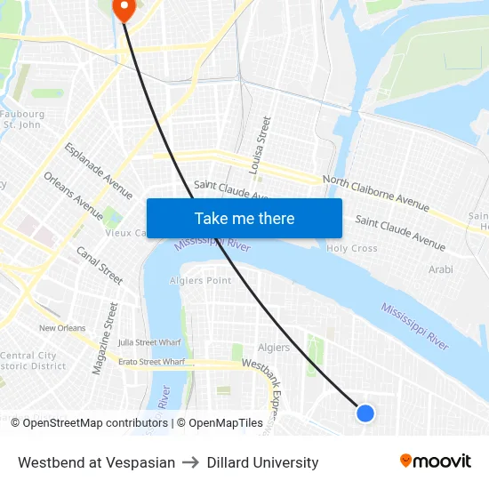 Westbend at Vespasian to Dillard University map
