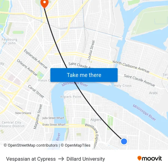Vespasian at Cypress to Dillard University map