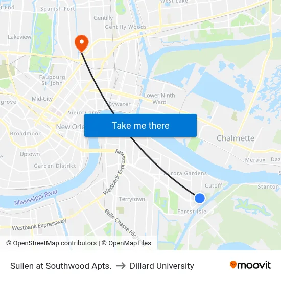 Sullen at Southwood Apts. to Dillard University map