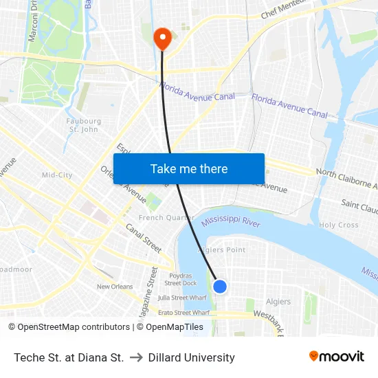Teche St. at Diana St. to Dillard University map