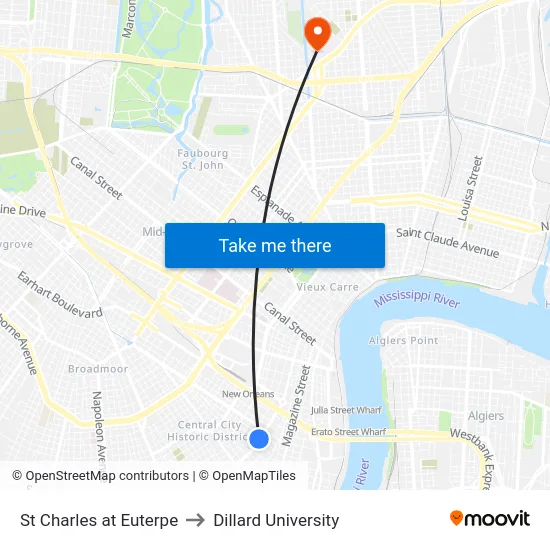 St Charles at Euterpe to Dillard University map