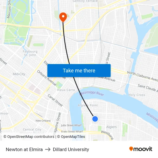 Newton at Elmira to Dillard University map
