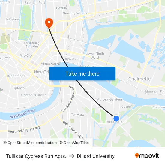 Tullis at Cypress Run Apts. to Dillard University map