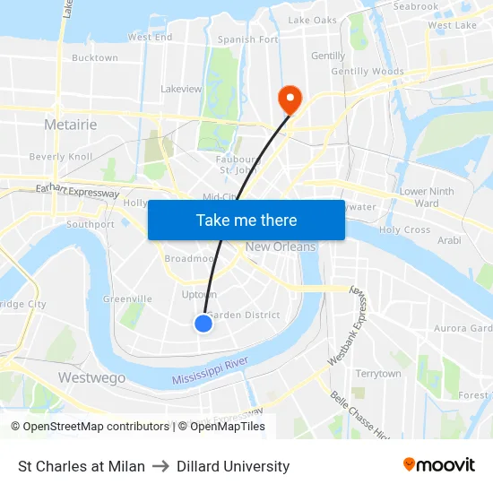 St Charles at Milan to Dillard University map