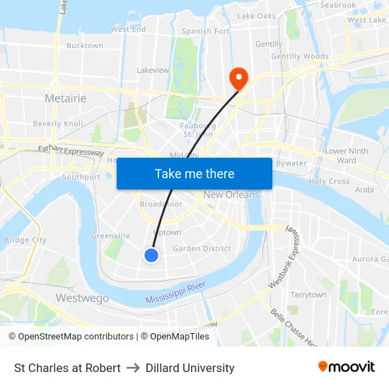 St Charles at Robert to Dillard University map