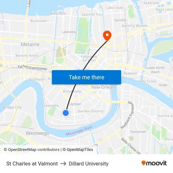 St Charles at Valmont to Dillard University map