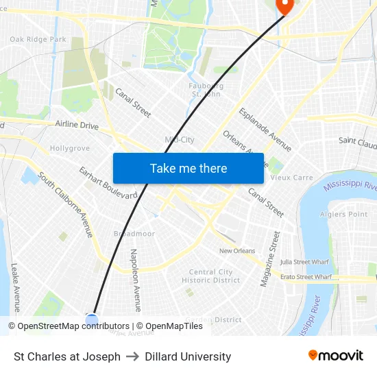 St Charles at Joseph to Dillard University map