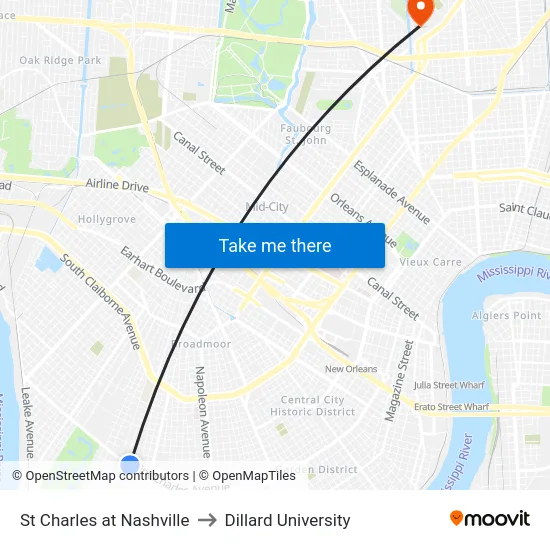 St Charles at Nashville to Dillard University map