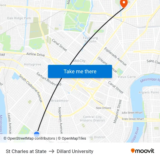 St Charles at State to Dillard University map