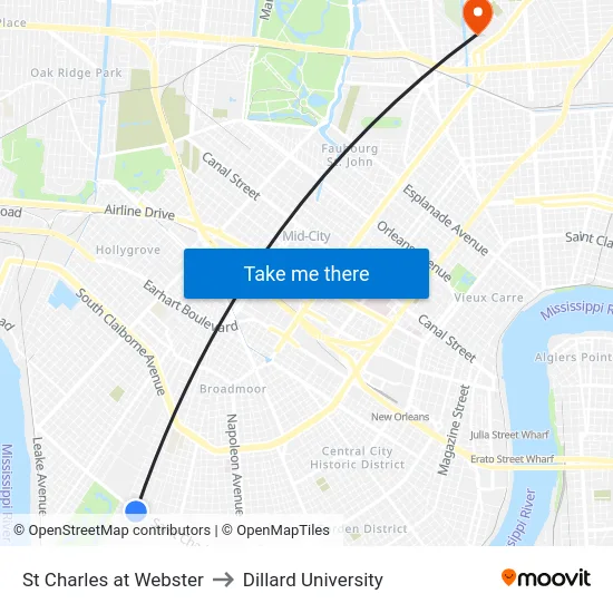 St Charles at Webster to Dillard University map