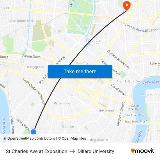 St Charles Ave at Exposition to Dillard University map