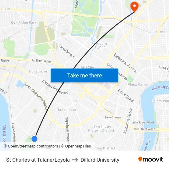 St Charles at Tulane/Loyola to Dillard University map
