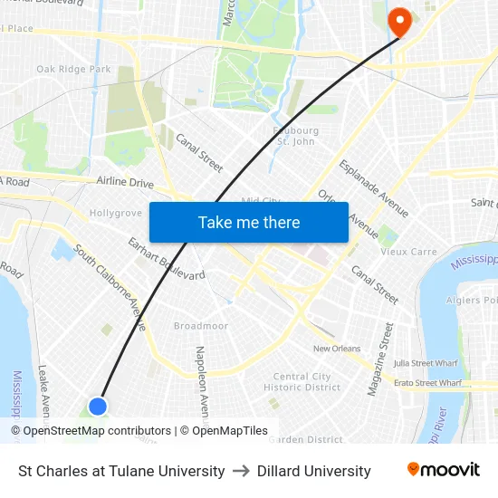 St Charles at Tulane University to Dillard University map