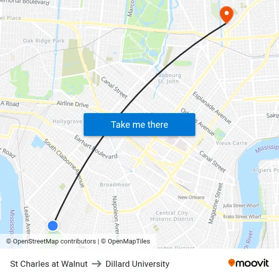 St Charles at Walnut to Dillard University map