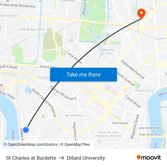 St Charles at Burdette to Dillard University map