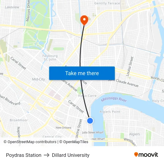 Poydras Station to Dillard University map