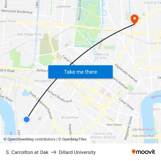 S. Carrollton at Oak to Dillard University map