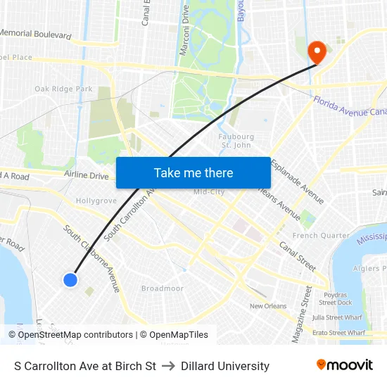 S Carrollton Ave at Birch St to Dillard University map