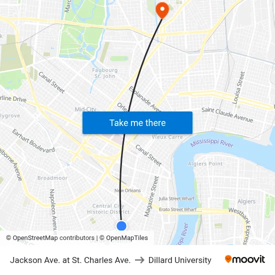 Jackson Ave. at St. Charles Ave. to Dillard University map