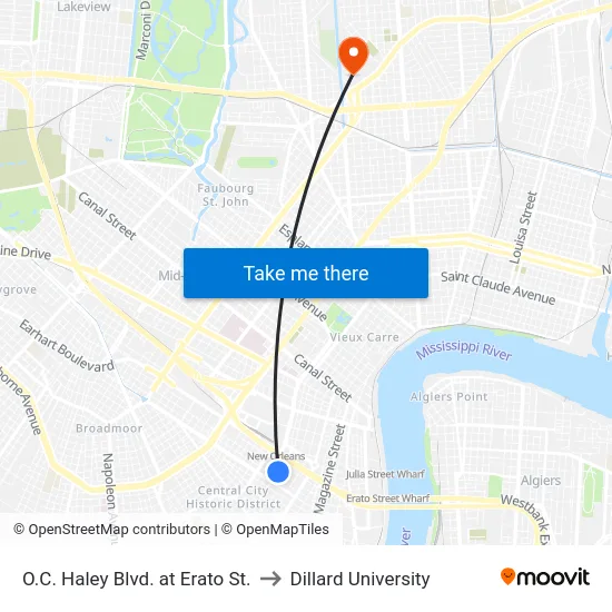 O.C. Haley Blvd. at Erato St. to Dillard University map