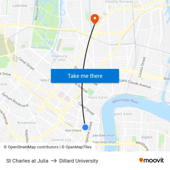 St Charles at Julia to Dillard University map