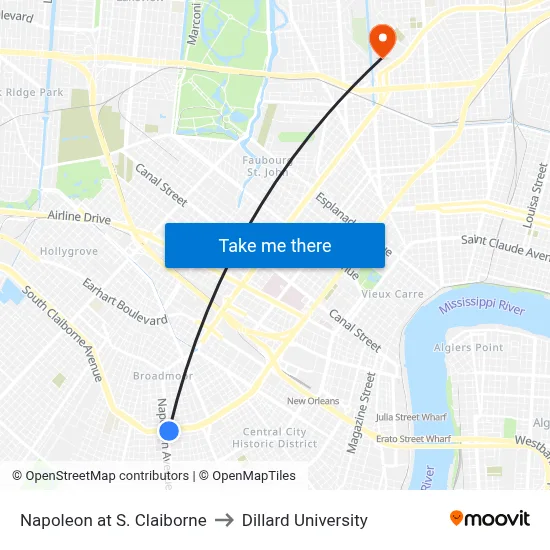 Napoleon at S. Claiborne to Dillard University map