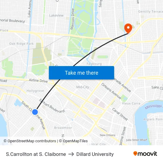 S.Carrollton at S. Claiborne to Dillard University map