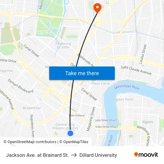 Jackson Ave. at Brainard St. to Dillard University map
