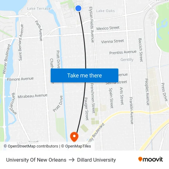 University Of New Orleans to Dillard University map