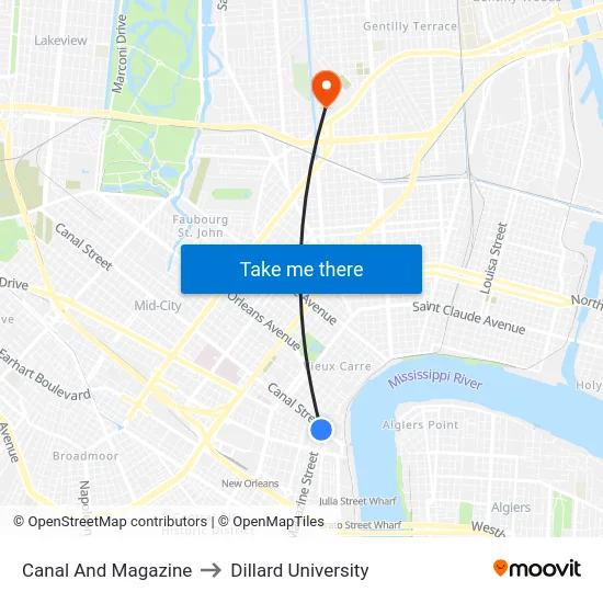 Canal And Magazine to Dillard University map