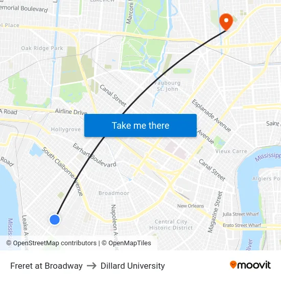 Freret at Broadway to Dillard University map