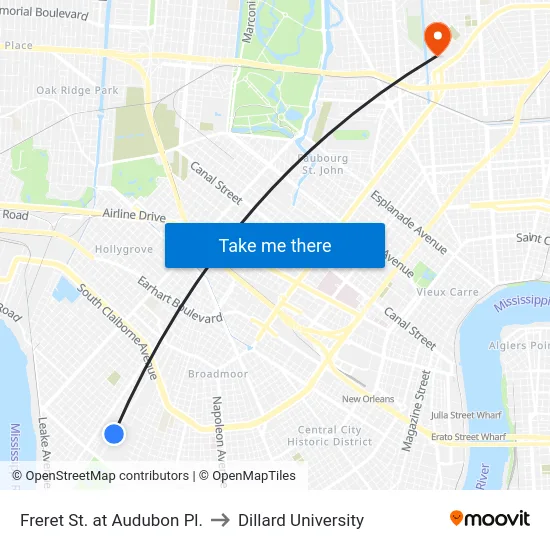 Freret St. at Audubon Pl. to Dillard University map