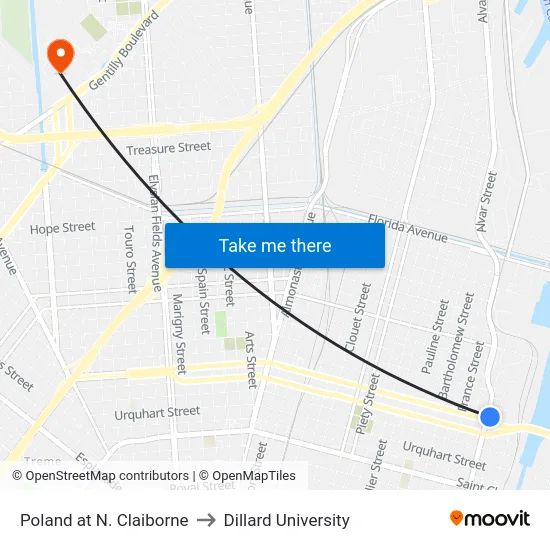 Poland at N. Claiborne to Dillard University map