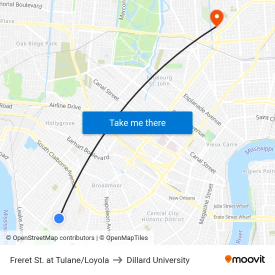 Freret St. at Tulane/Loyola to Dillard University map