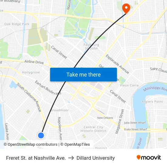 Freret St. at Nashville Ave. to Dillard University map