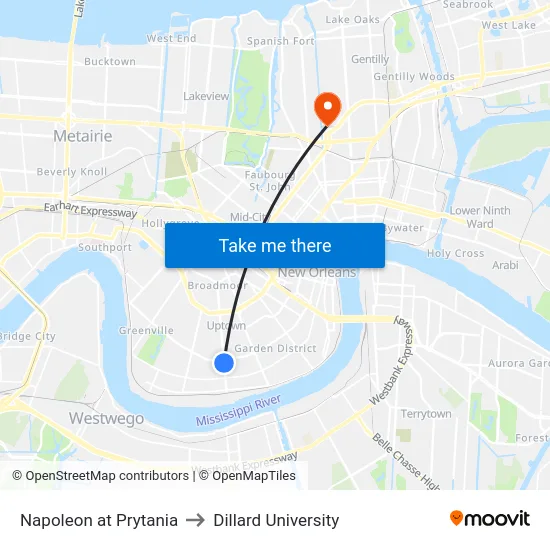 Napoleon at Prytania to Dillard University map