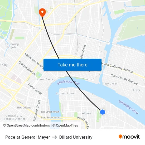 Pace at General Meyer to Dillard University map