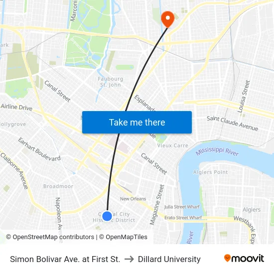 Simon Bolivar Ave. at First St. to Dillard University map