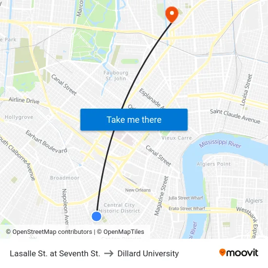 Lasalle St. at Seventh St. to Dillard University map