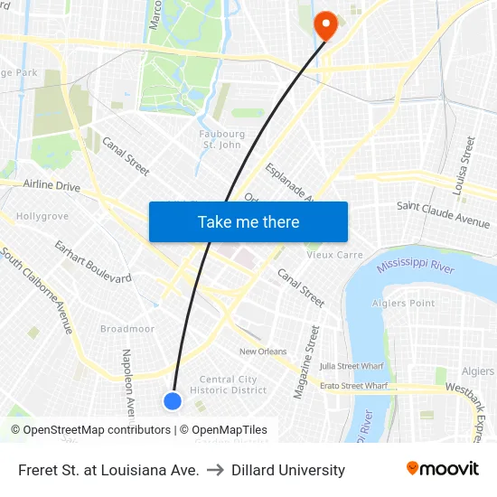 Freret St. at Louisiana Ave. to Dillard University map