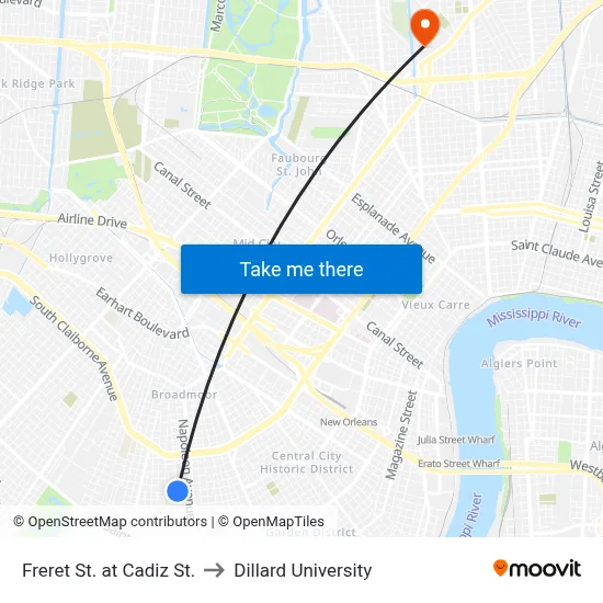 Freret St. at Cadiz St. to Dillard University map