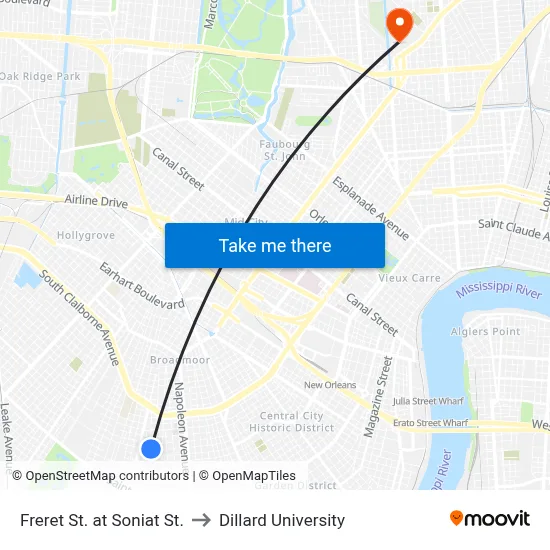 Freret St. at Soniat St. to Dillard University map